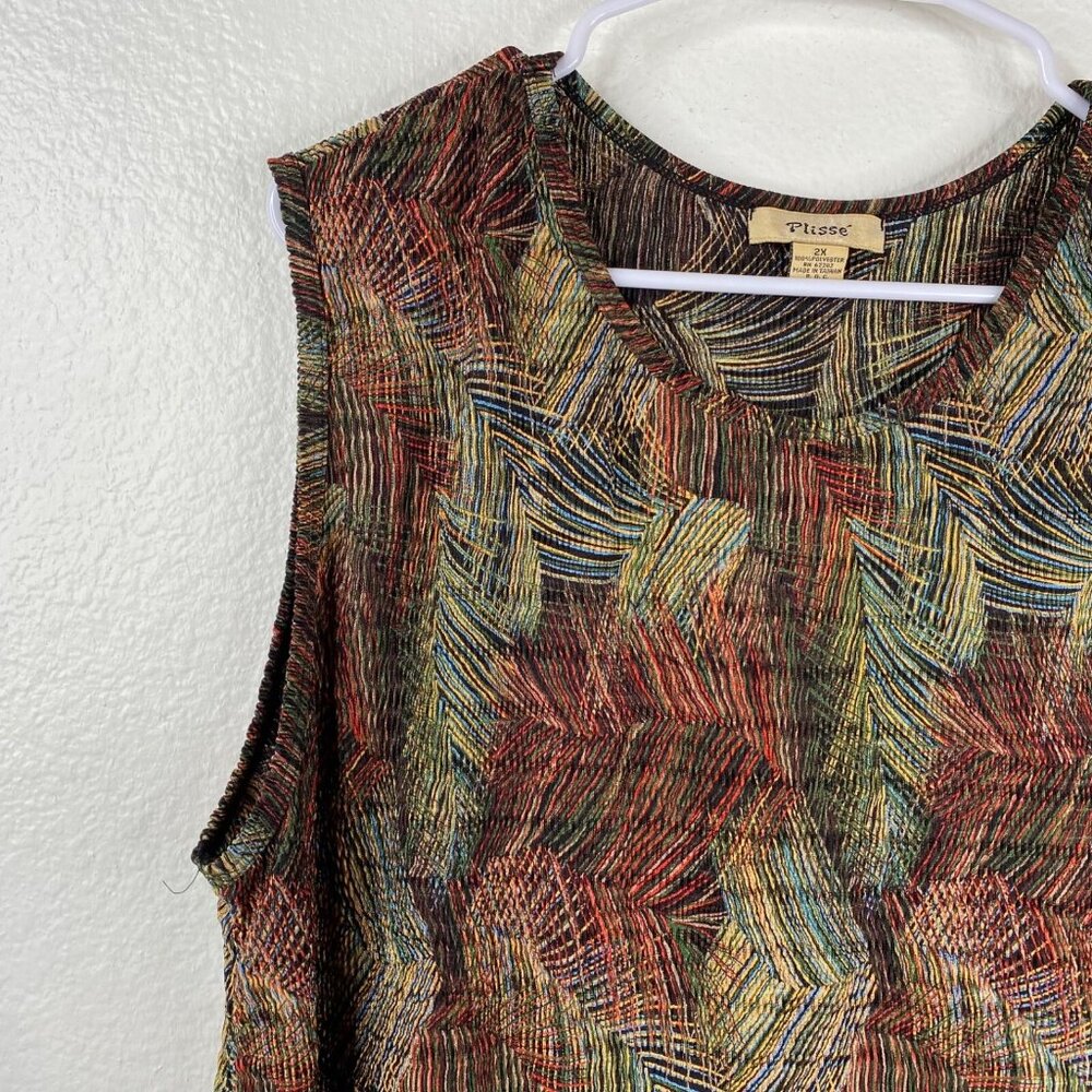 Plisse Top Women's Sleeveless Micro Pleats Abstract Pattern Multicolor Sz 2X VTG - Picture 5 of 10
